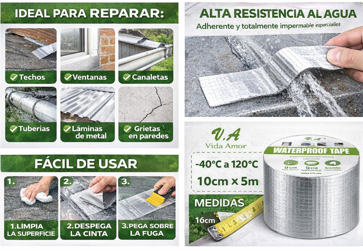 Usos y medidas: techos, ventanas, canaletas, tuberias y grietas