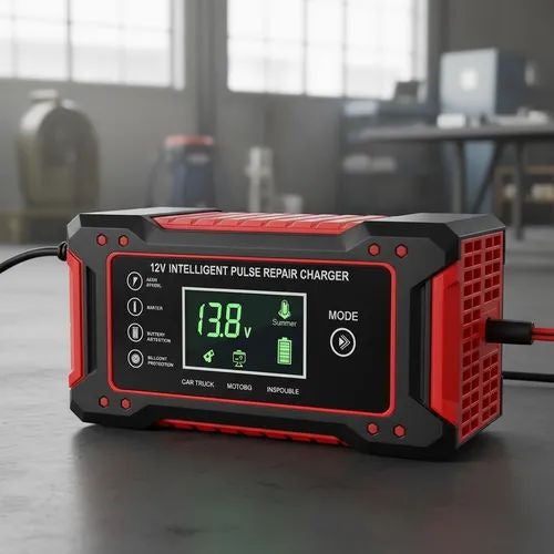 Cargador reparador de baterías 12V sobre mesa de taller