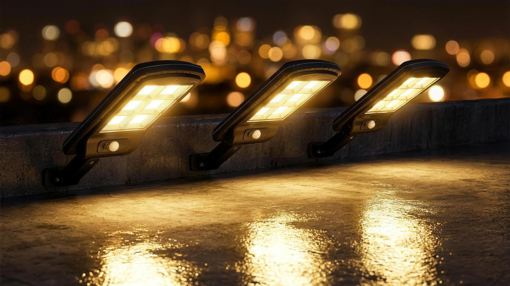 Pack de 3 focos solares LED negros con luz cálida encendida sobre fondo azul nocturno