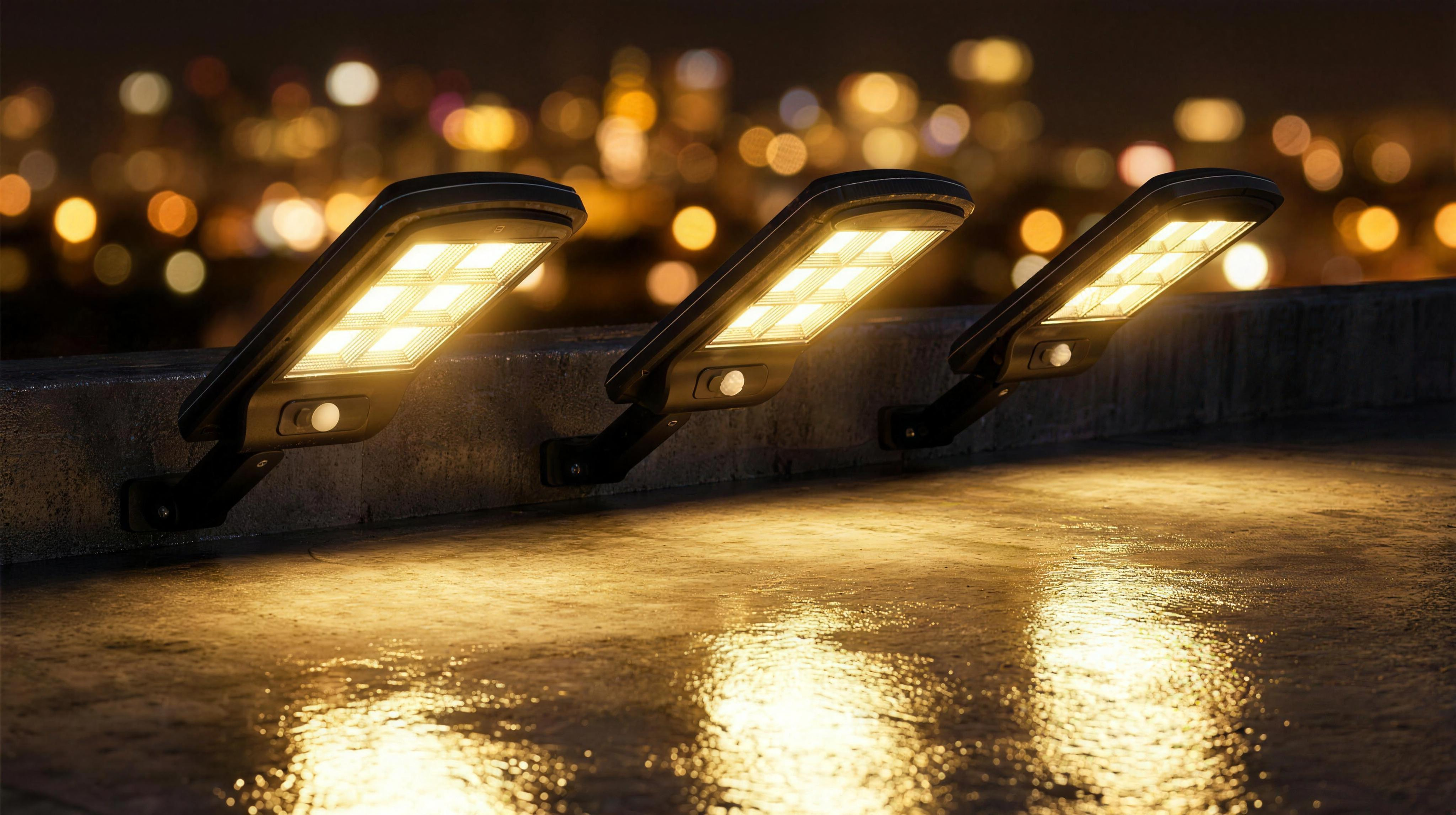 Pack de 3 focos solares LED negros con luz cálida encendida sobre fondo azul nocturno