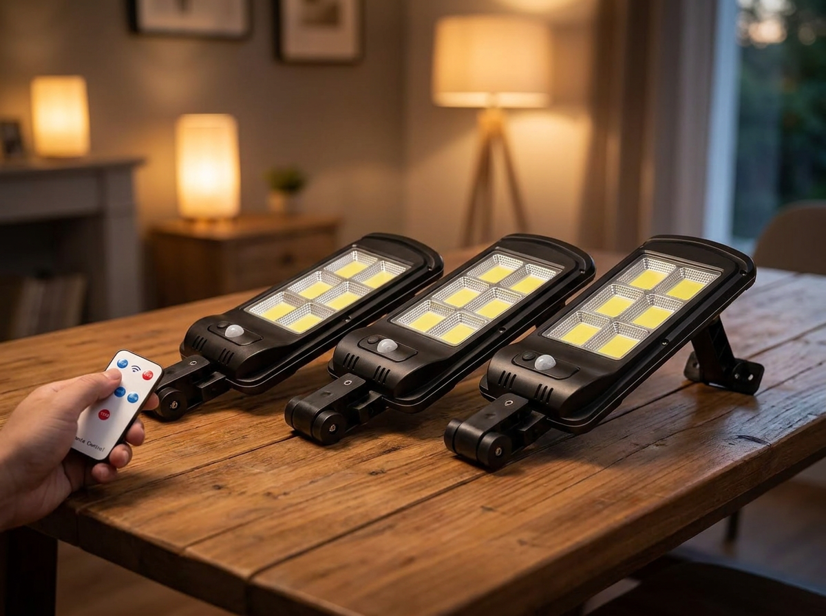 Contenido del pack: 3 focos solares LED y control remoto sobre mesa de madera en hogar cálido
