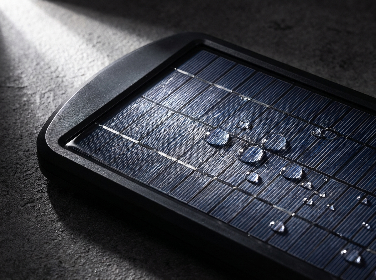 Macro del panel solar monocristalino del foco LED con gotas de lluvia — resistente IP65