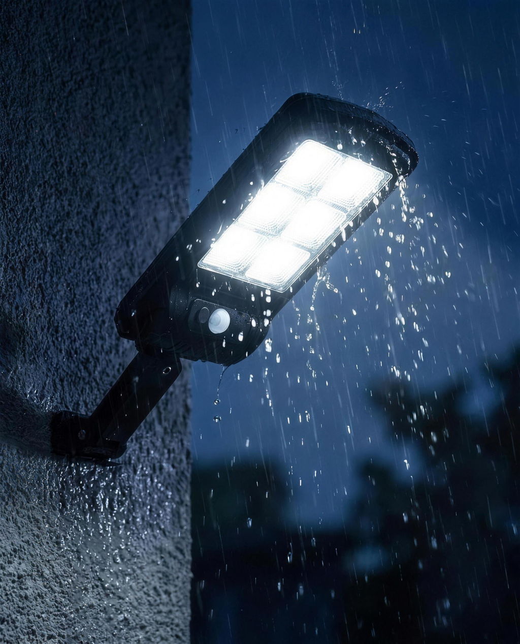 Foco solar LED resistente a la lluvia funcionando de noche bajo tormenta